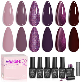 beetles front packaging showing six purple gel polish bottles and magnet, professional kit appeal