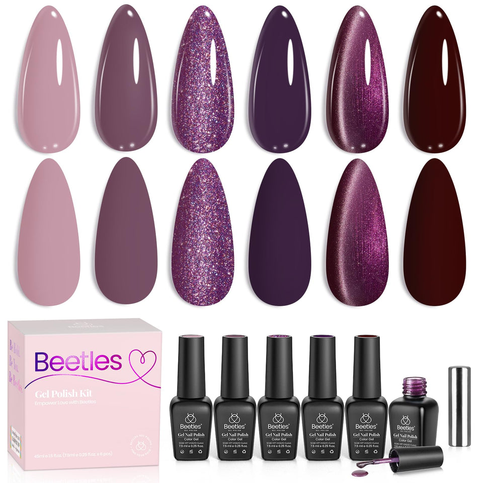 beetles front packaging showing six purple gel polish bottles and magnet, professional kit appeal