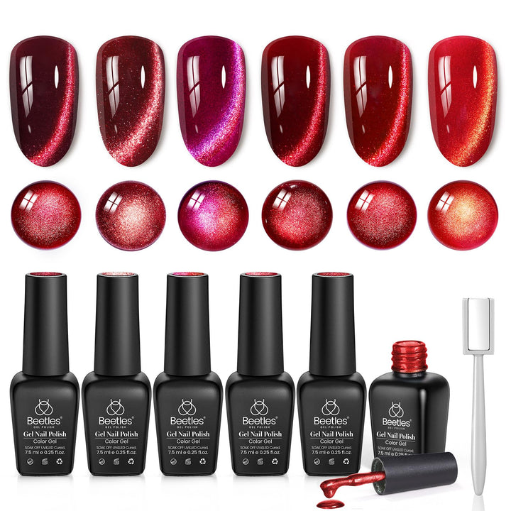 beetles front packaging showing six burgundy cat eye bottles and magnetic tool for gifting appeal