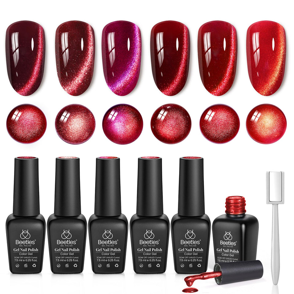 beetles front packaging showing six burgundy cat eye bottles and magnetic tool for gifting appeal