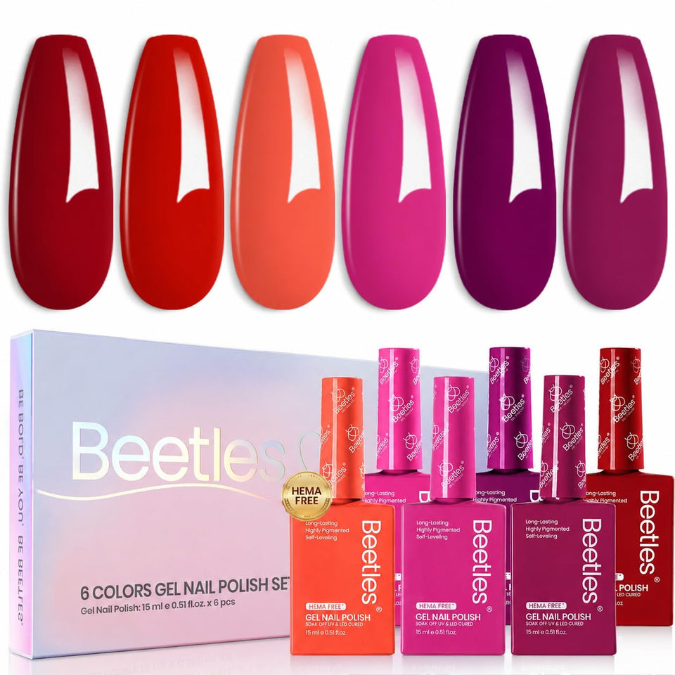 Beetles front packaging showing six HEMA-free shades and clear benefits