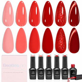 beetles front packaging showing six neon red gel bottles and set benefit