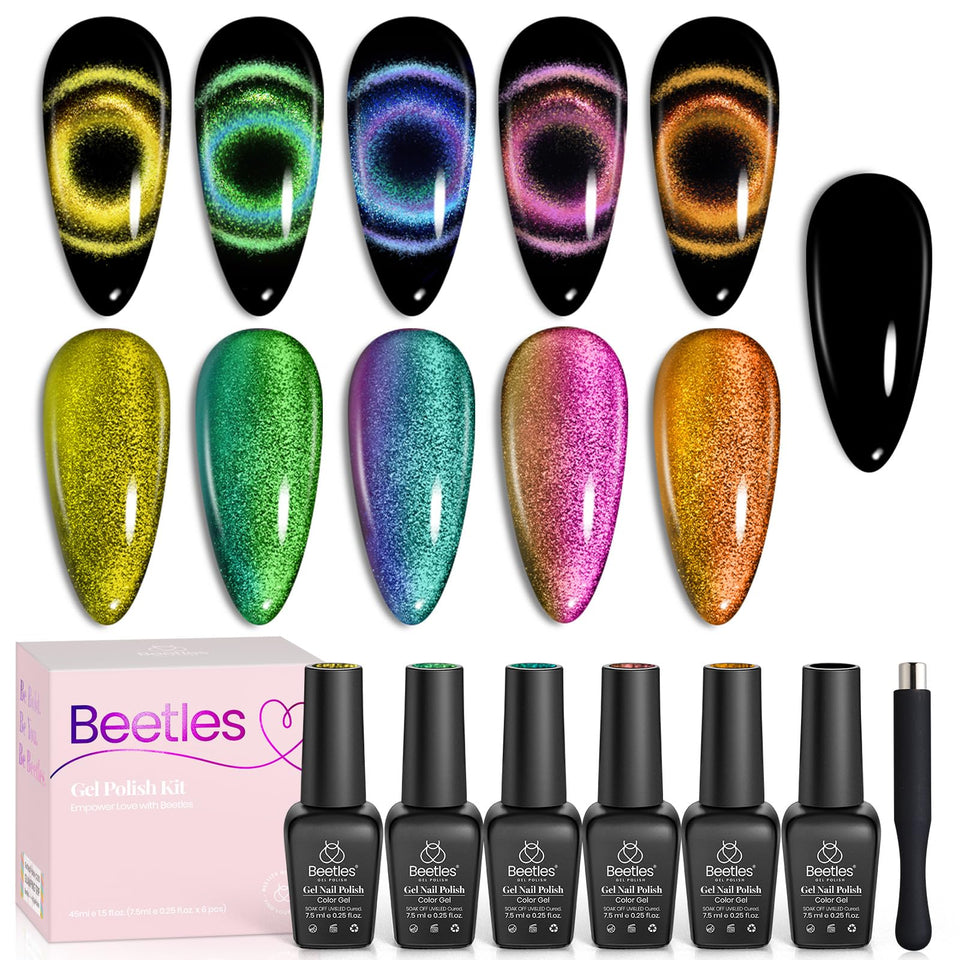 Beetles front packaging showing six chameleon polishes and magnet for easy gifting
