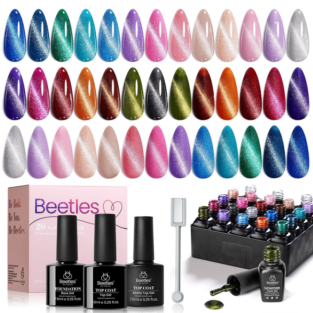 beetles front packaging showing 20-color cat eye gel kit and included magnet for easy salon results