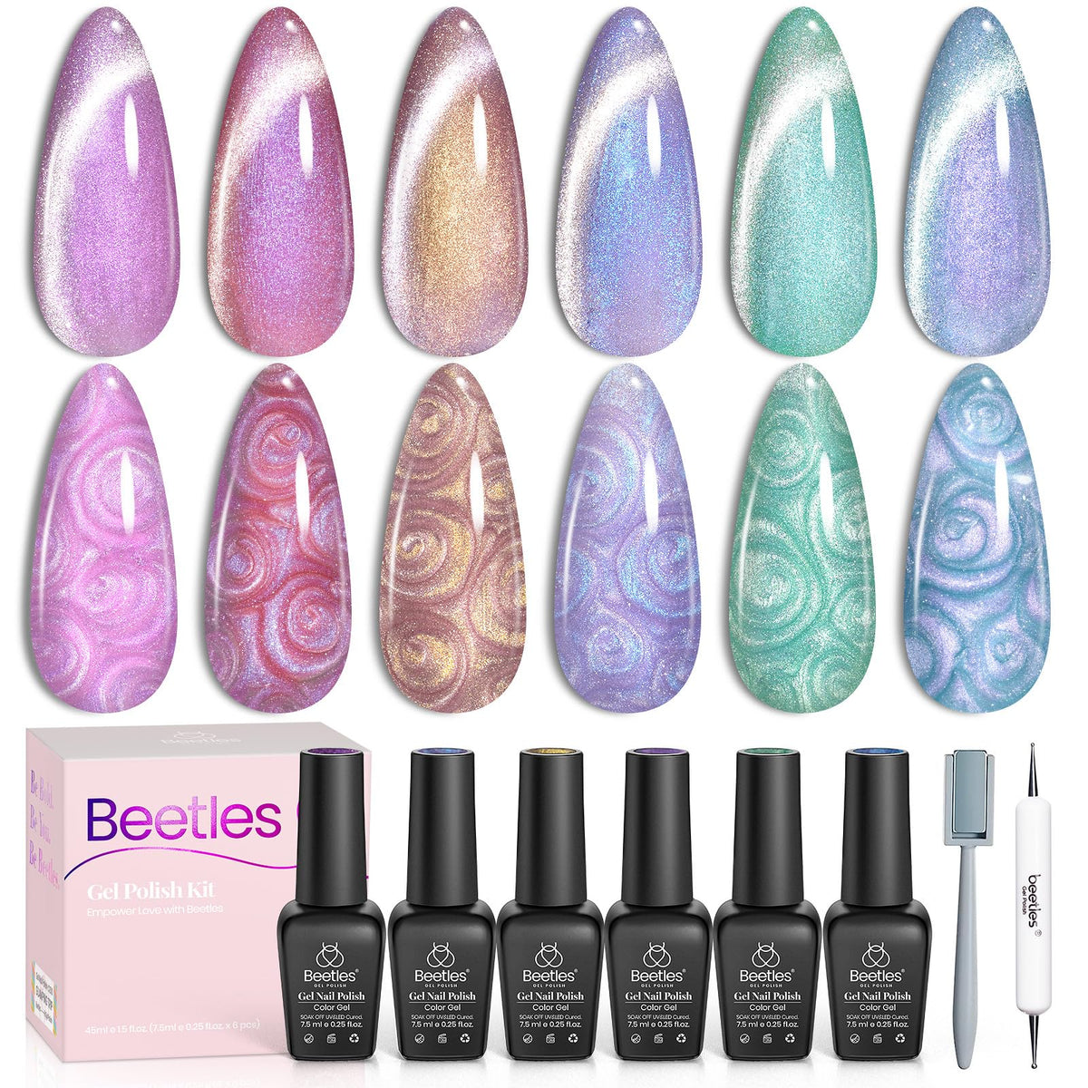 Beetles Gel Polish front packaging showing six shimmer gel bottles and magnet aid