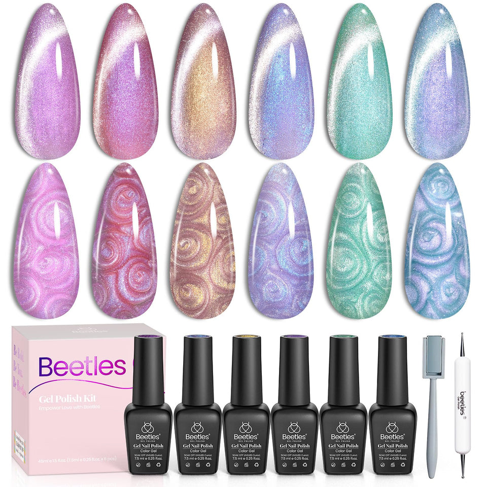 Beetles Gel Polish front packaging showing six shimmer gel bottles and magnet aid