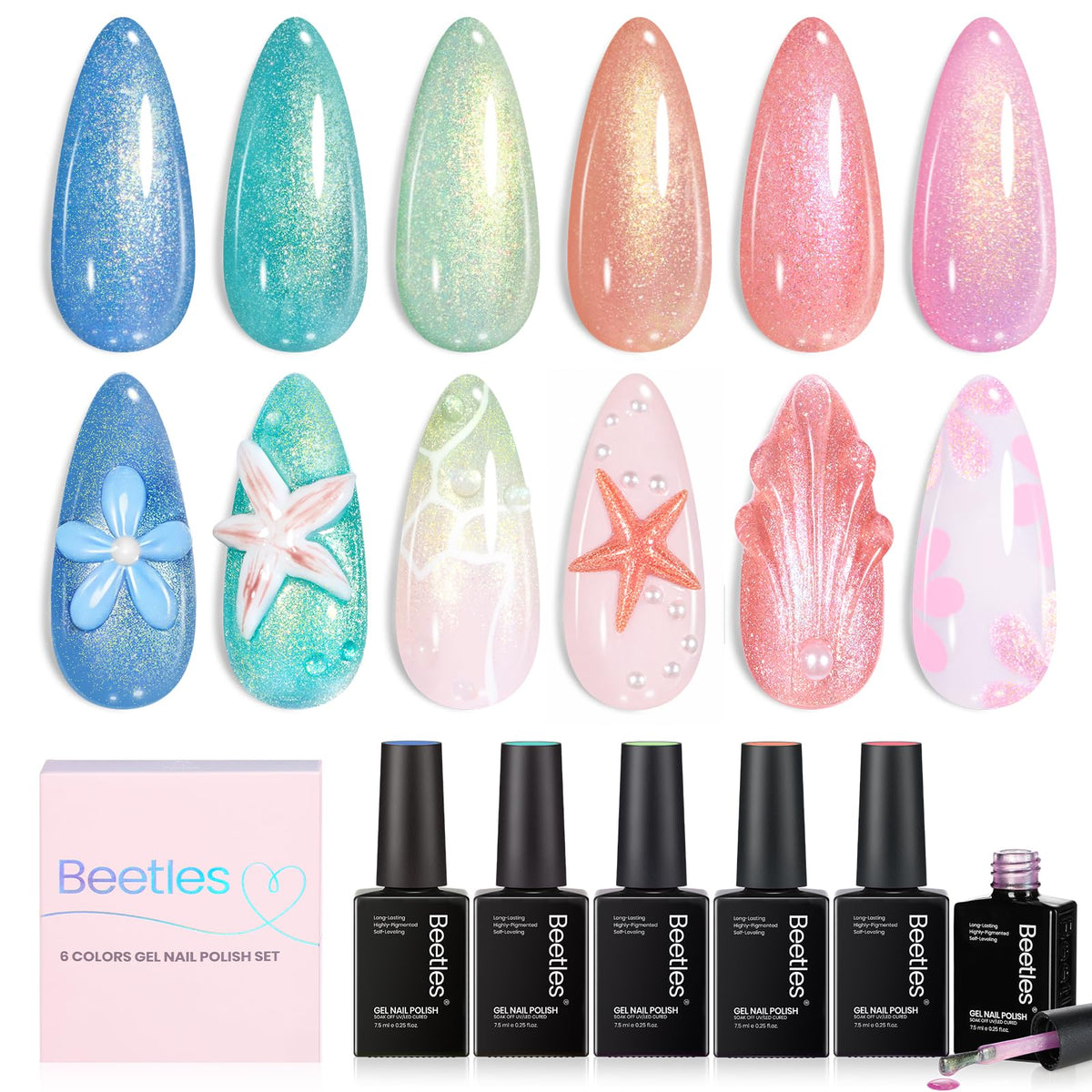 beetles front packaging showing six pastel glitter bottles and compact case, attractive gift-ready
