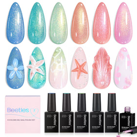 beetles front packaging showing six pastel glitter bottles and compact case, attractive gift-ready