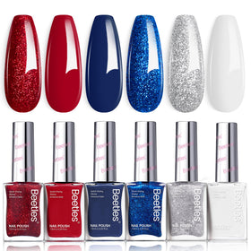 Beetles gel polish front packaging showing all six patriotic shades and stickers, clear presentation benefit