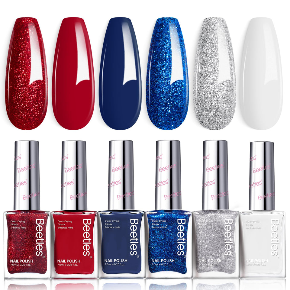 Beetles gel polish front packaging showing all six patriotic shades and stickers, clear presentation benefit