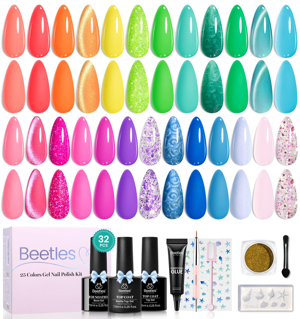 Beetles front packaging showing full 25-color summer gel kit for bright looks