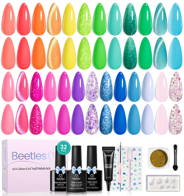Beetles front packaging showing full 25-color summer gel kit for bright looks