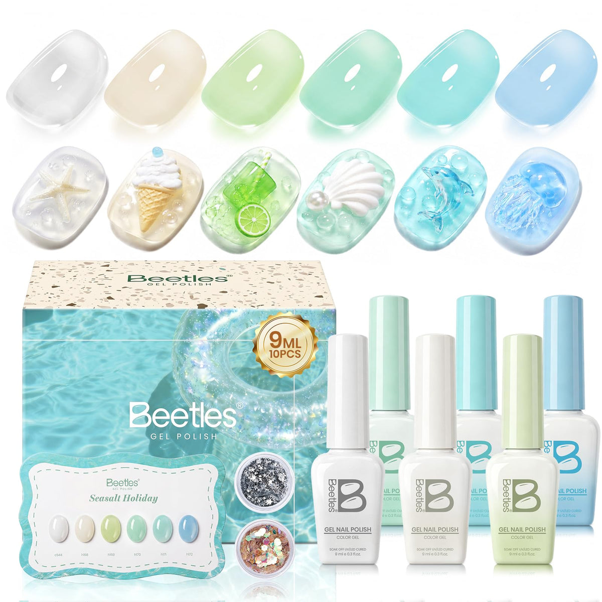 beetles front packaging showing six coastal jelly shades and benefits of cohesive set
