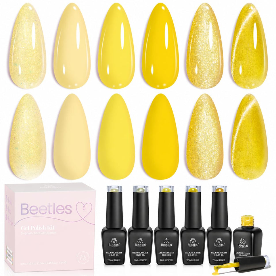 beetles front packaging showing six yellow gel polishes and gift-ready box benefit bright presentation