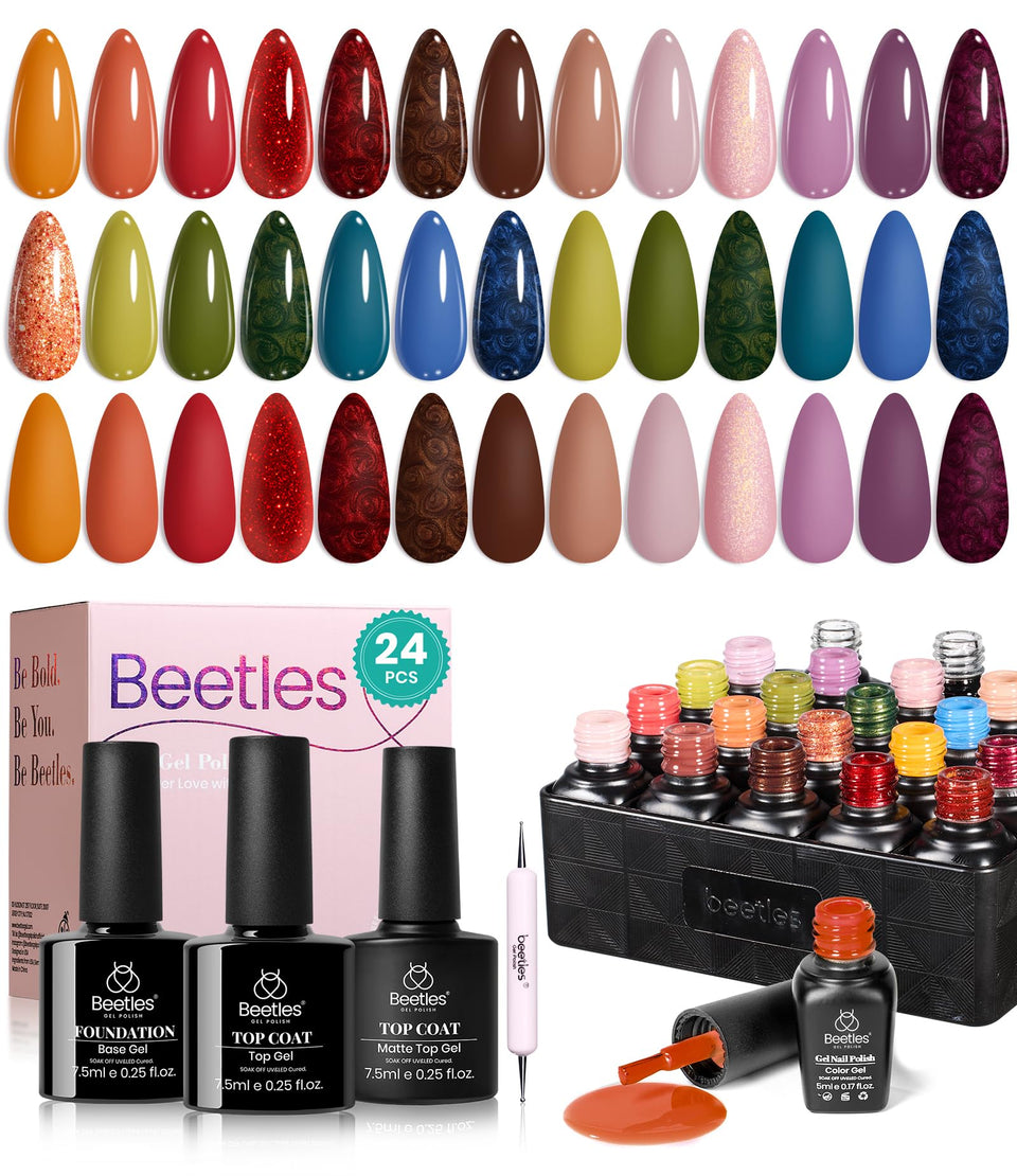 beetles front packaging of Toy Eden gel polish set showing 24-piece kit benefits