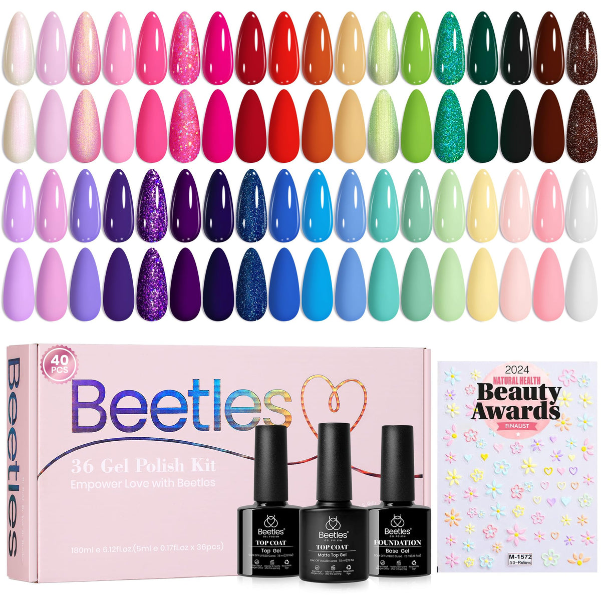 beetles front packaging showing full kit and garden-inspired palette benefit: complete set for home manicures
