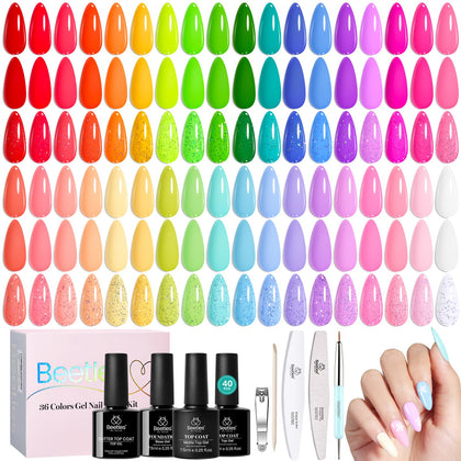 Beetles front packaging showing full 36-color kit and included top coats for versatile looks