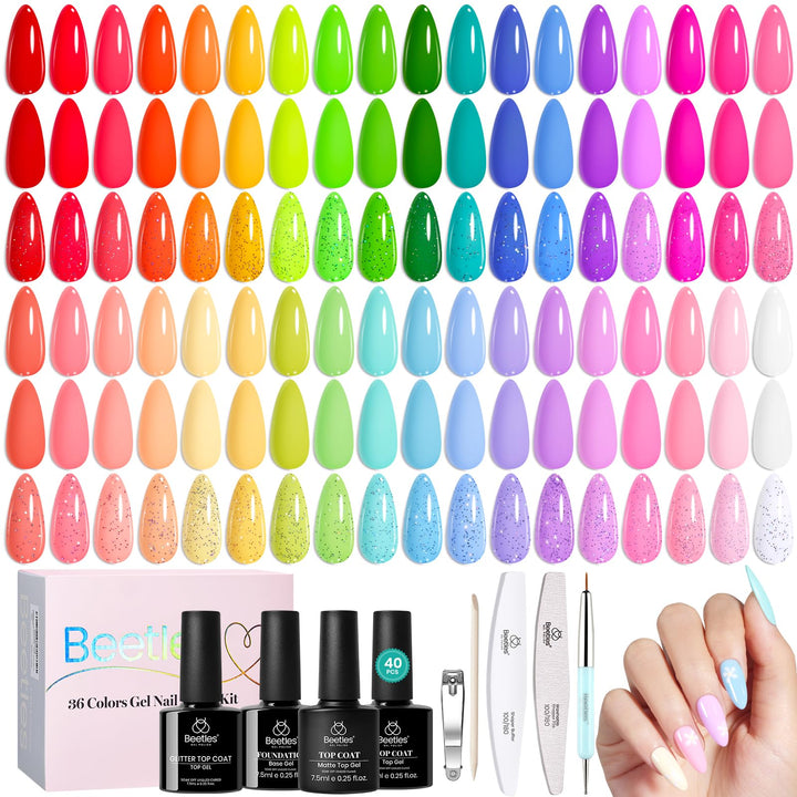 Beetles front packaging showing full 36-color kit and included top coats for versatile looks