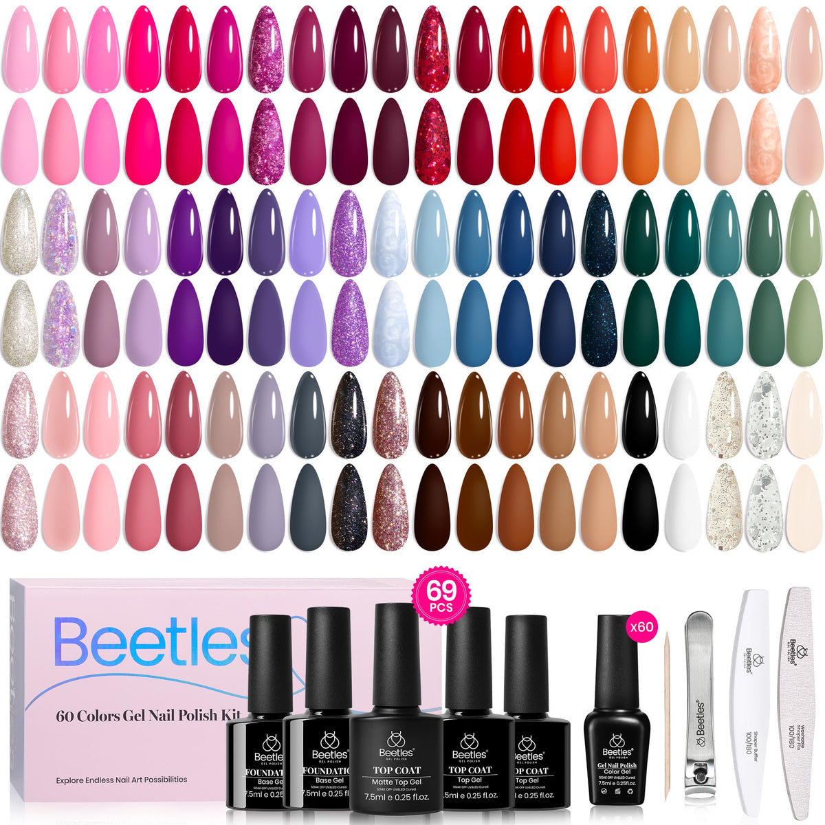 beetles front packaging showing full 60-color kit and bottles, organized for easy selection