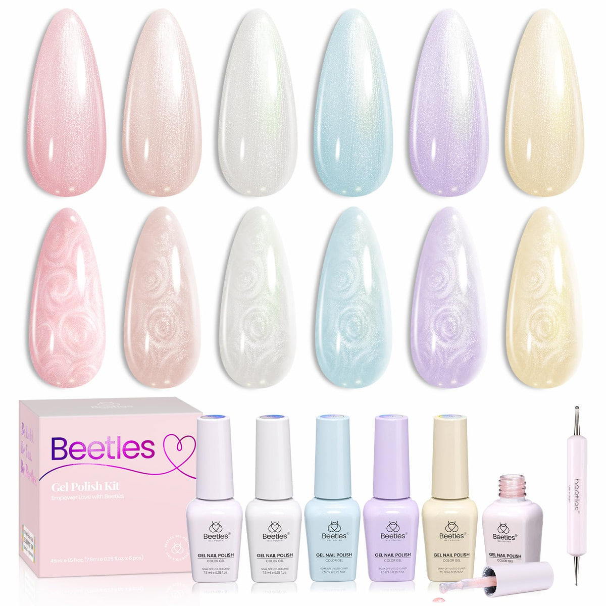 Beetles front packaging showing six bottles and dotting pen for organized presentation