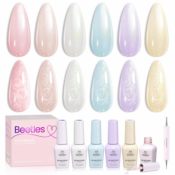 Beetles front packaging showing six bottles and dotting pen for organized presentation