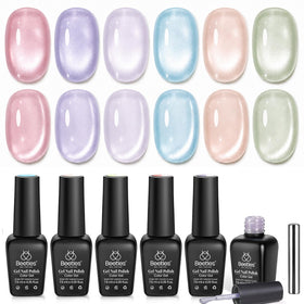 beetles front packaging showing six jelly cat eye gel bottles and magnet, conveys kit completeness