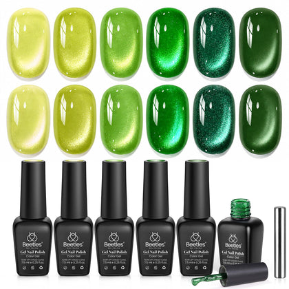 Beetles Gel Polish front packaging showing six green cat eye bottles and magnet, gift-ready benefit