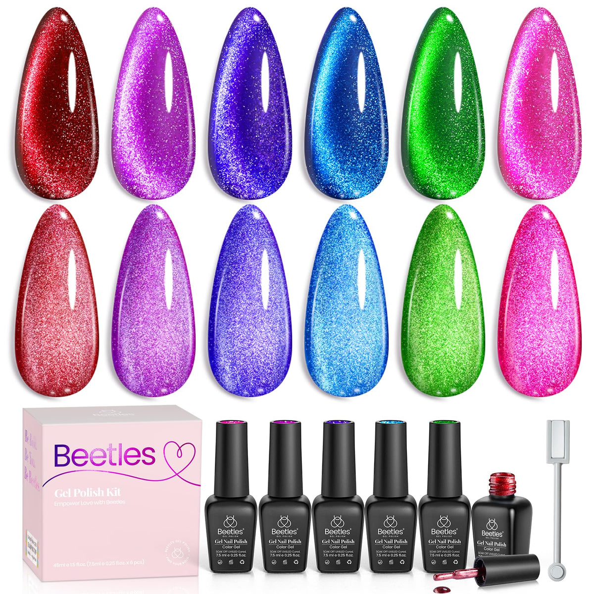 Beetles front packaging showing six neon cat-eye gel bottles and magnet for easy at-home use