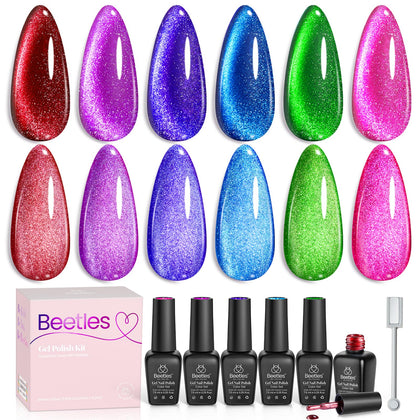 Beetles front packaging showing six neon cat-eye gel bottles and magnet for easy at-home use