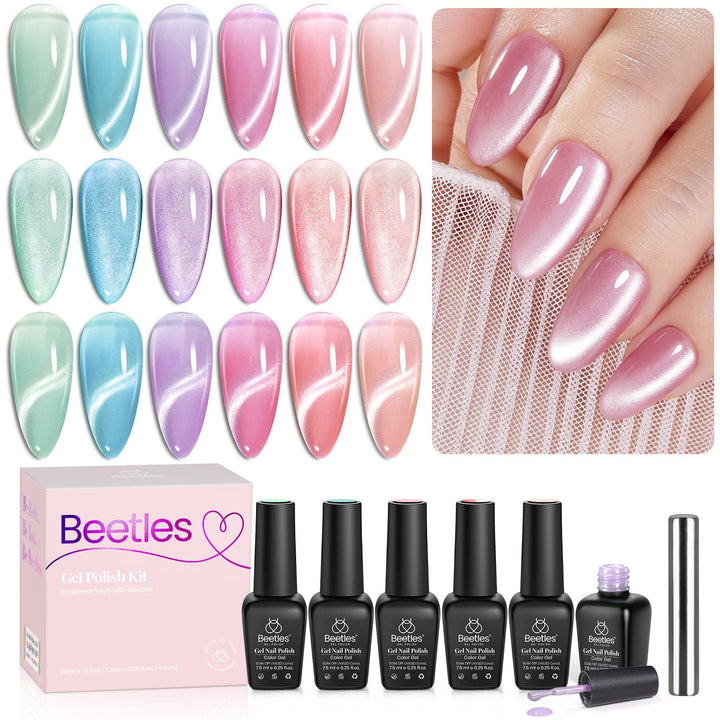 Beetles front packaging showing six pastel magnetic gel bottles and magnet for easy gifting