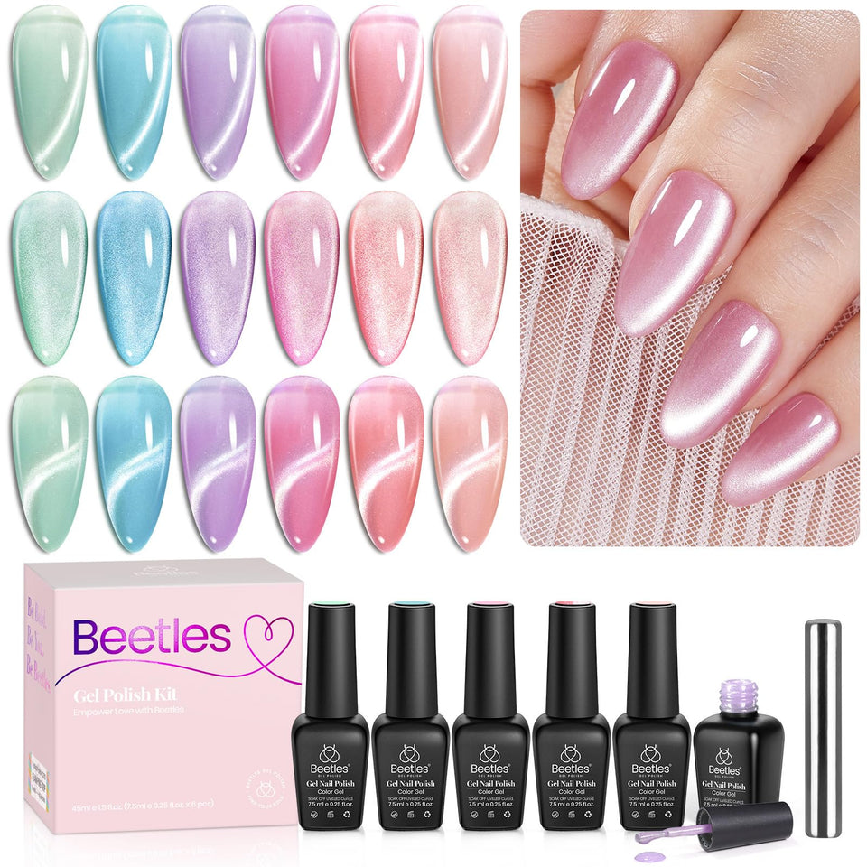 Beetles front packaging showing six pastel magnetic gel bottles and magnet for easy gifting