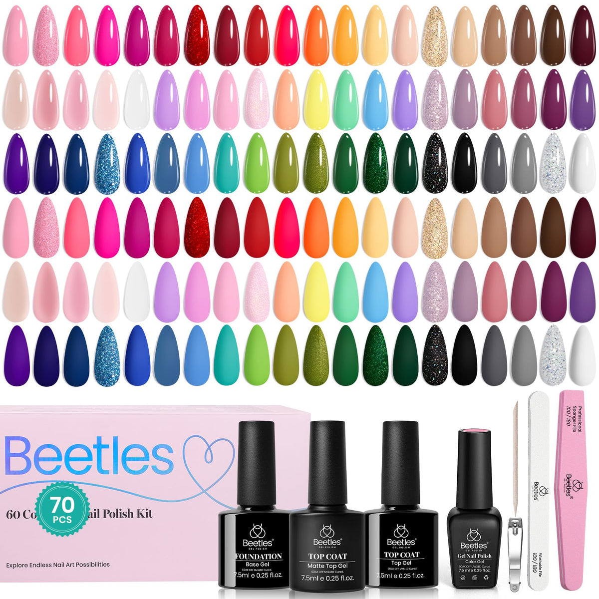 beetles front packaging showing full 70-piece kit and clear contents for easy selection