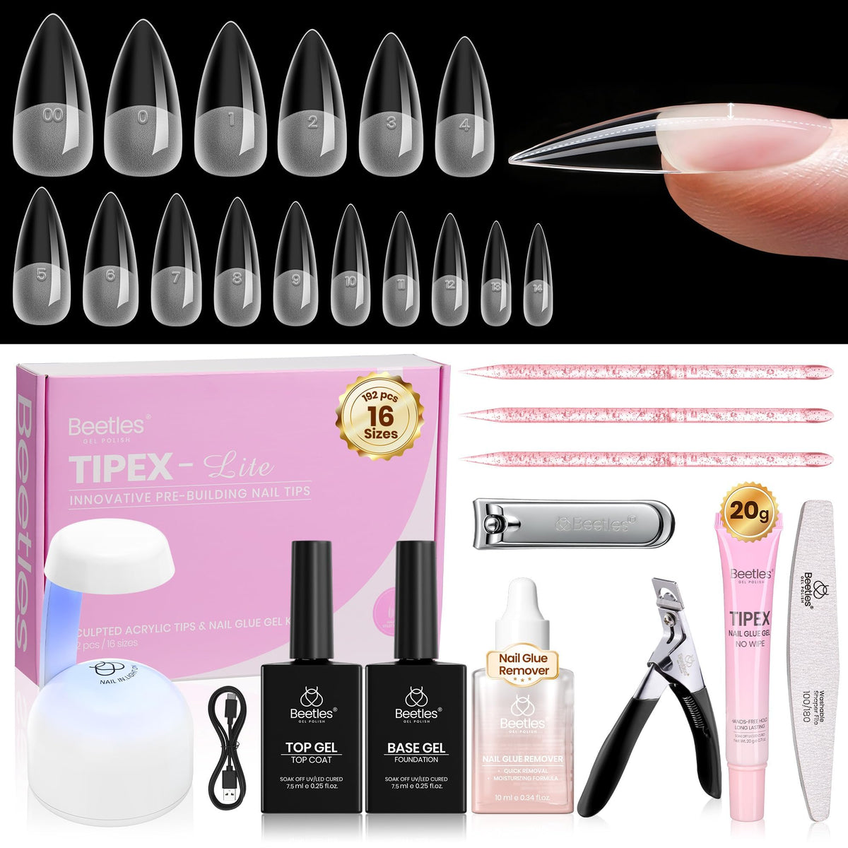 beetles front packaging showing complete nail tip kit and contents for easy setup