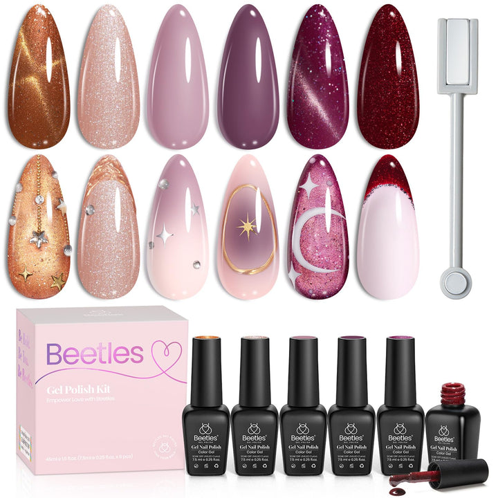 Beetles Gel Polish front packaging showing six bottles and magnet, clear kit overview and gift-ready