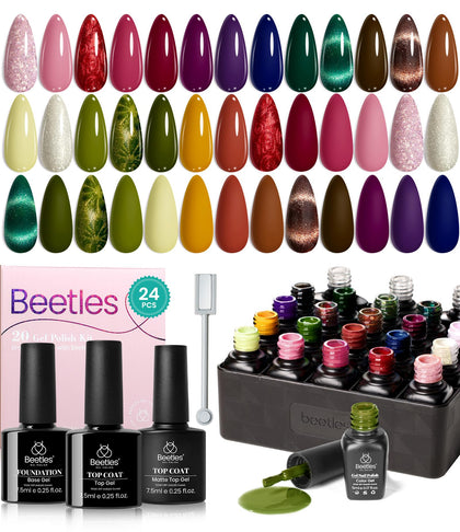 beetles Gel Polish front packaging showing 20-color kit and top coats, clear product view benefit