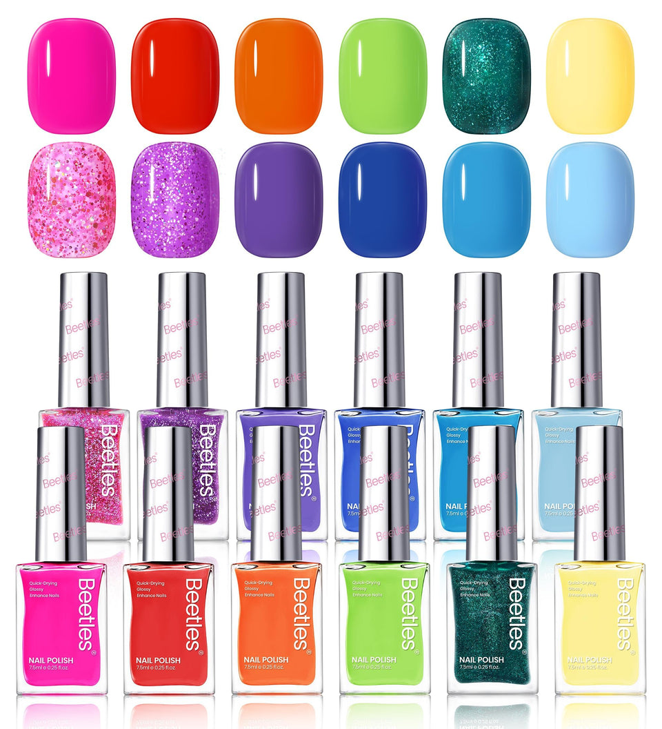 Beetles front packaging showing 12 neon polish colors and rainbow appeal