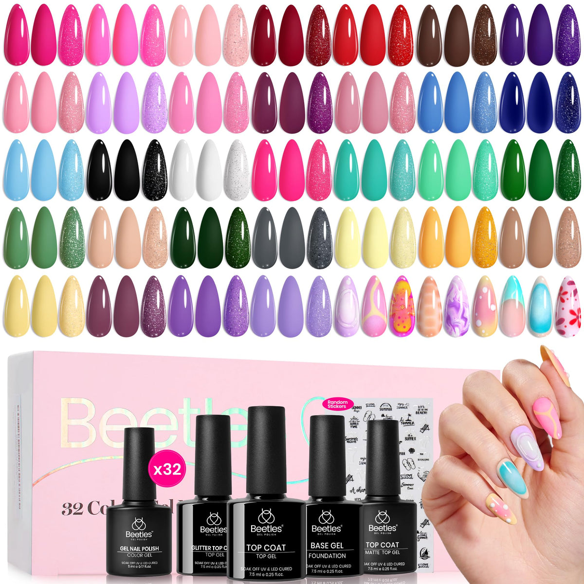 Beetles front packaging showing 32 colorful gel polish bottles and set details