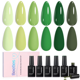 Beetles front packaging showing six green gel bottles, clear branding and variety benefit