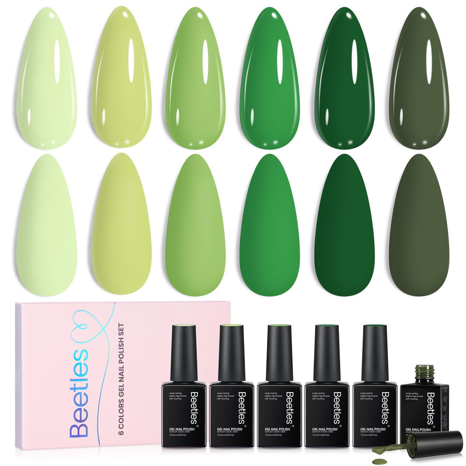 Beetles front packaging showing six green gel bottles, clear branding and variety benefit