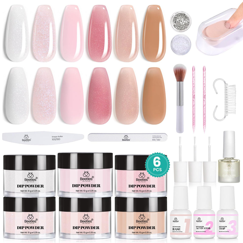 Beetles Gel Polish front packaging showing six dip powders and liquids, clear kit overview