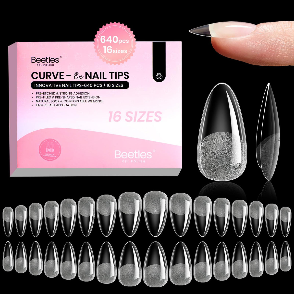 Beetles Gel Polish front packaging showing 640pcs kit and almond shape benefit