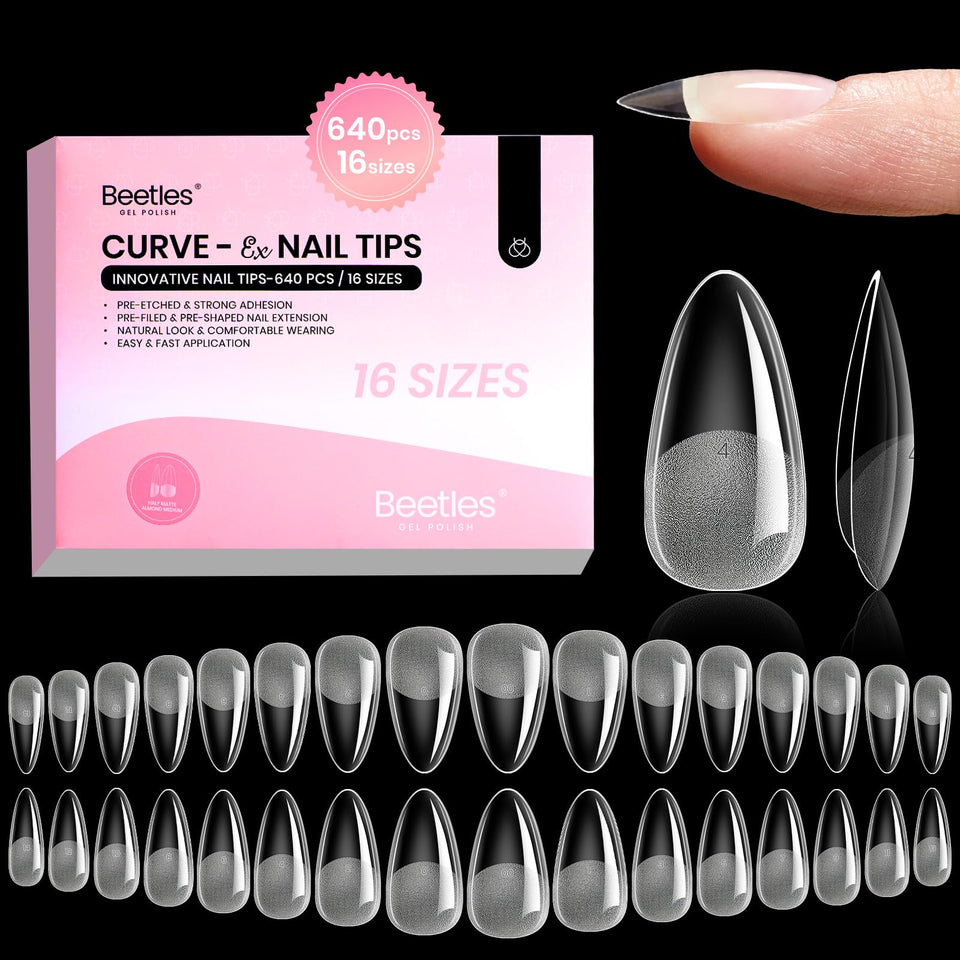 Beetles Gel Polish front packaging showing 640pcs kit and almond shape benefit