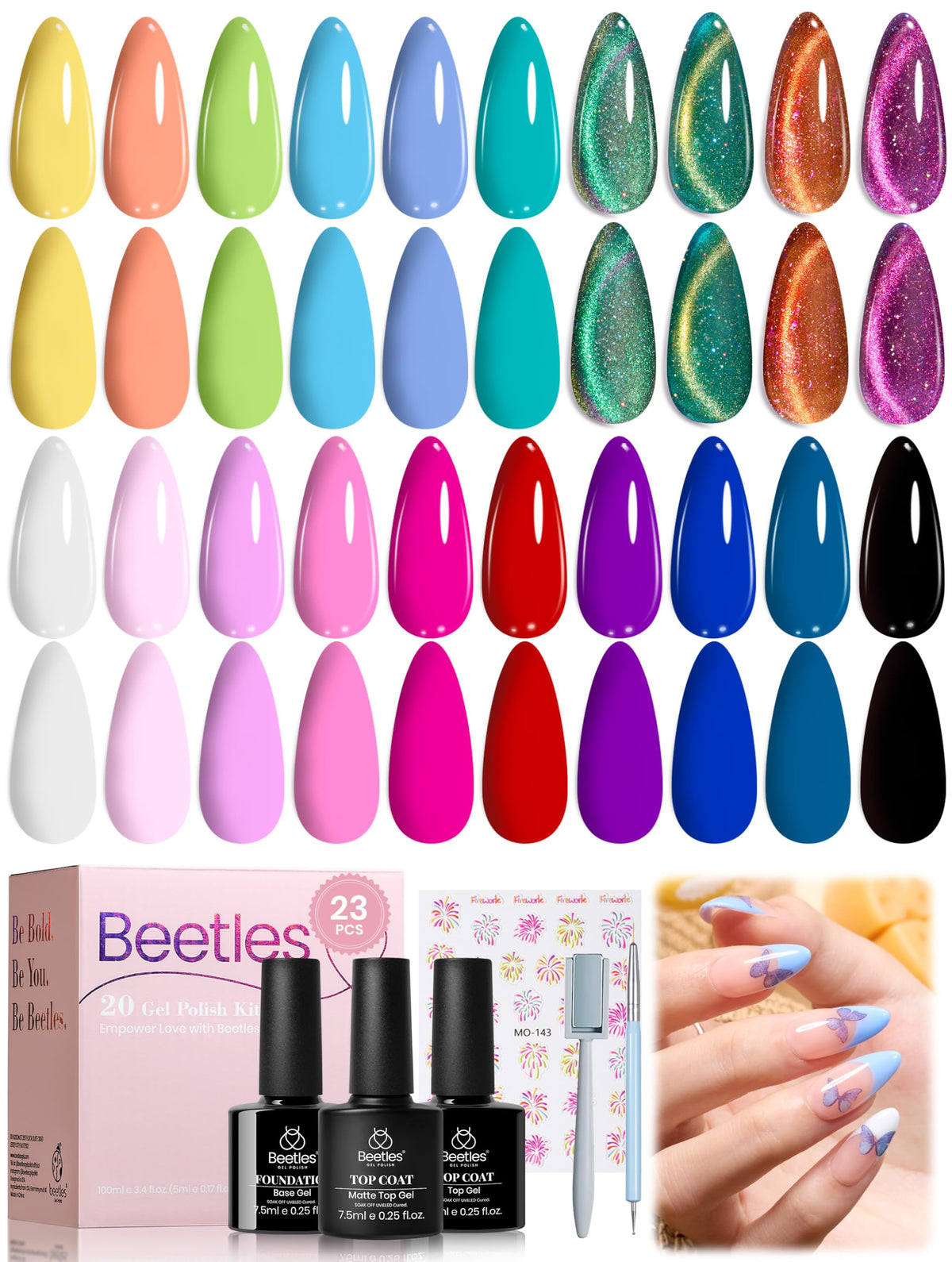 Beetles Gel front packaging showing full 20-color kit and accessories for gifting