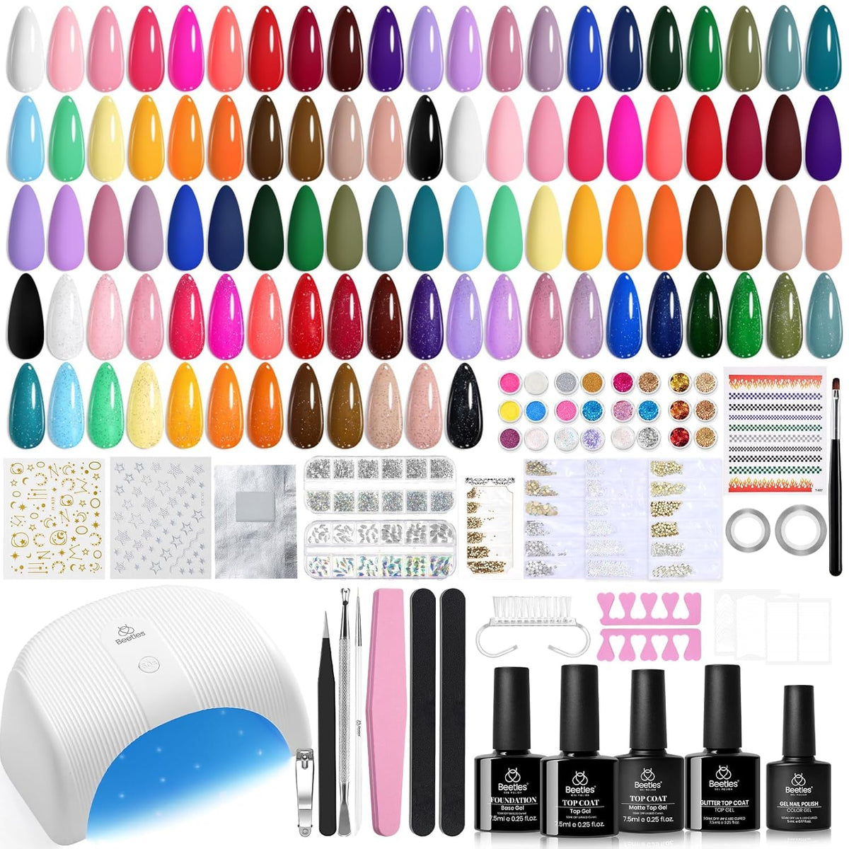Beetles Gel Nail Kit front packaging showing colors and lamp for easy setup