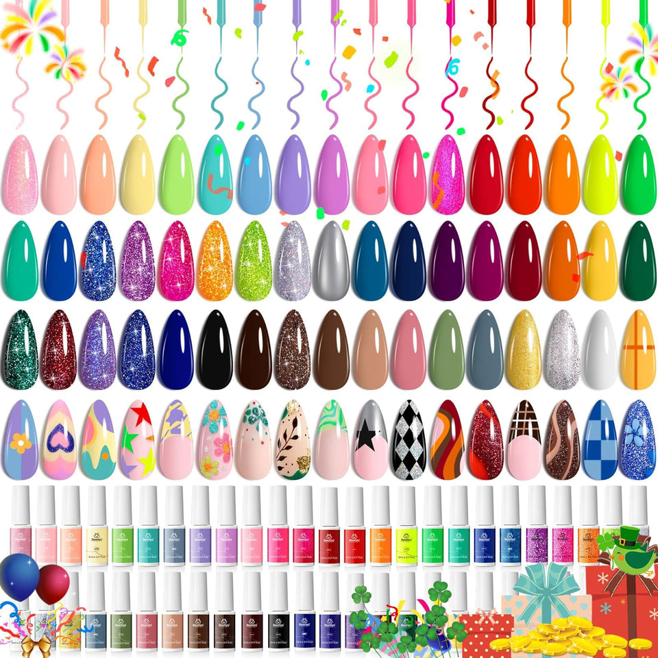 beetles gel polish front packaging showing 50 colorful bottles and label benefits