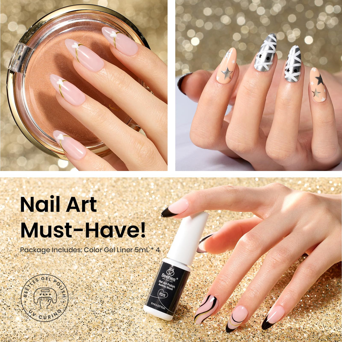beetles Gel Polish gold swatch on nail palette showing mirror-like chrome luster