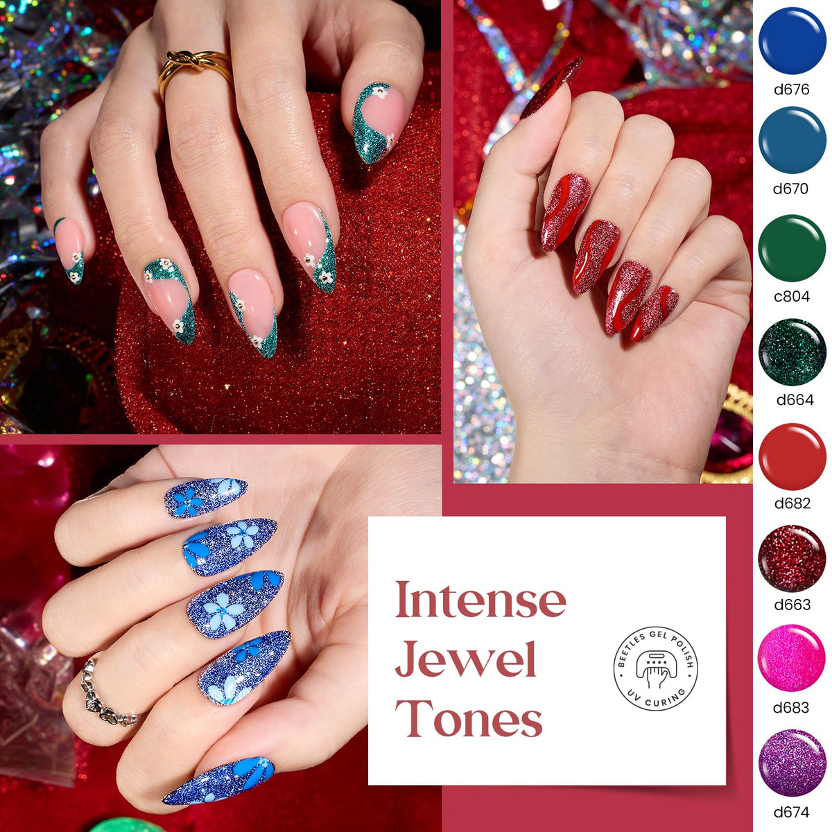 beetles gel polish lifestyle hands in scene showing finished reflective glitter manicure