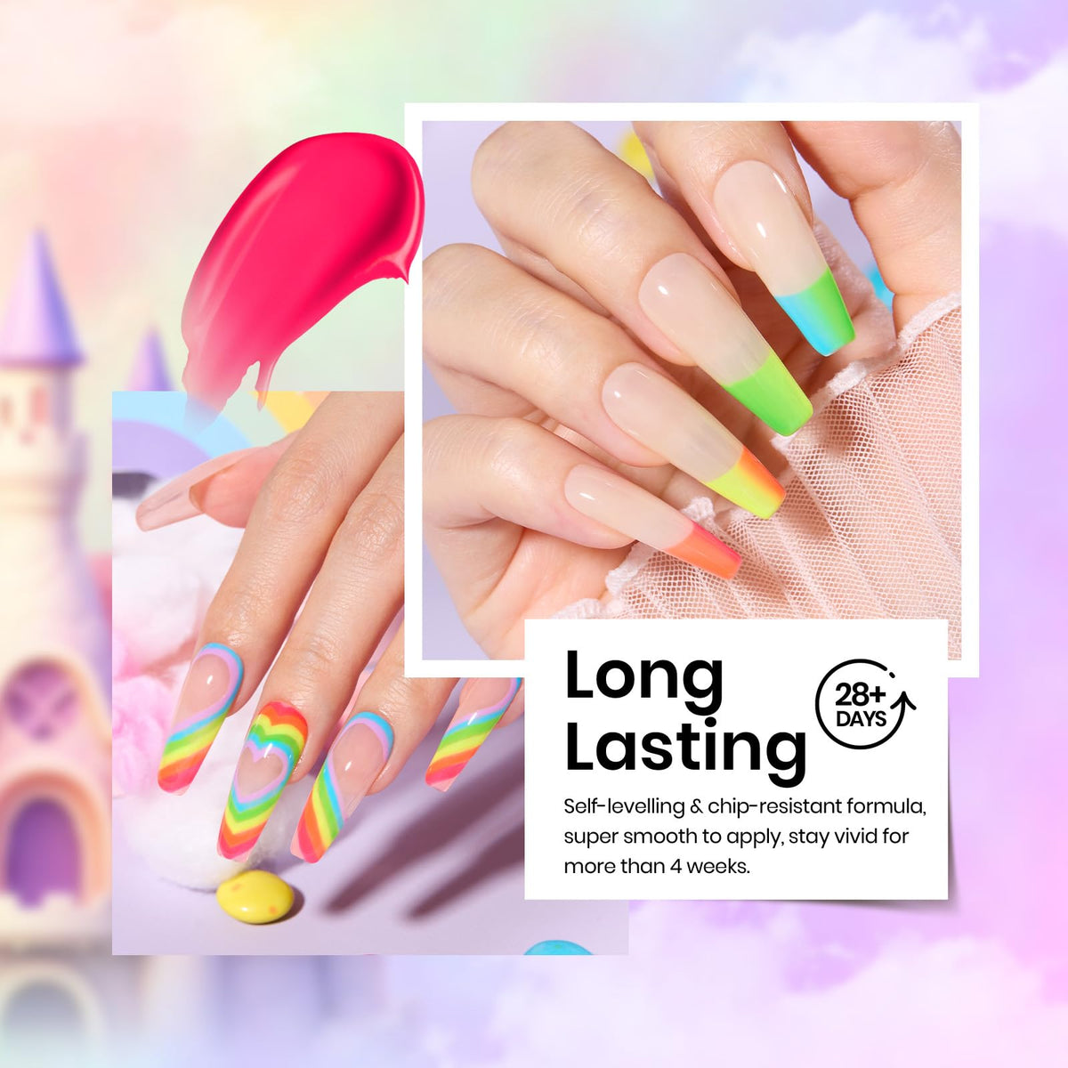 Beetles gel manicure on nails with blue and yellow neon for bold summer style