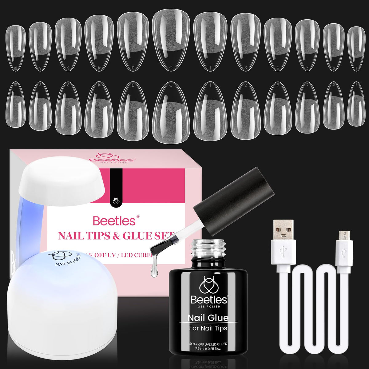 Beetles Gel Polish front packaging showing full almond kit benefits