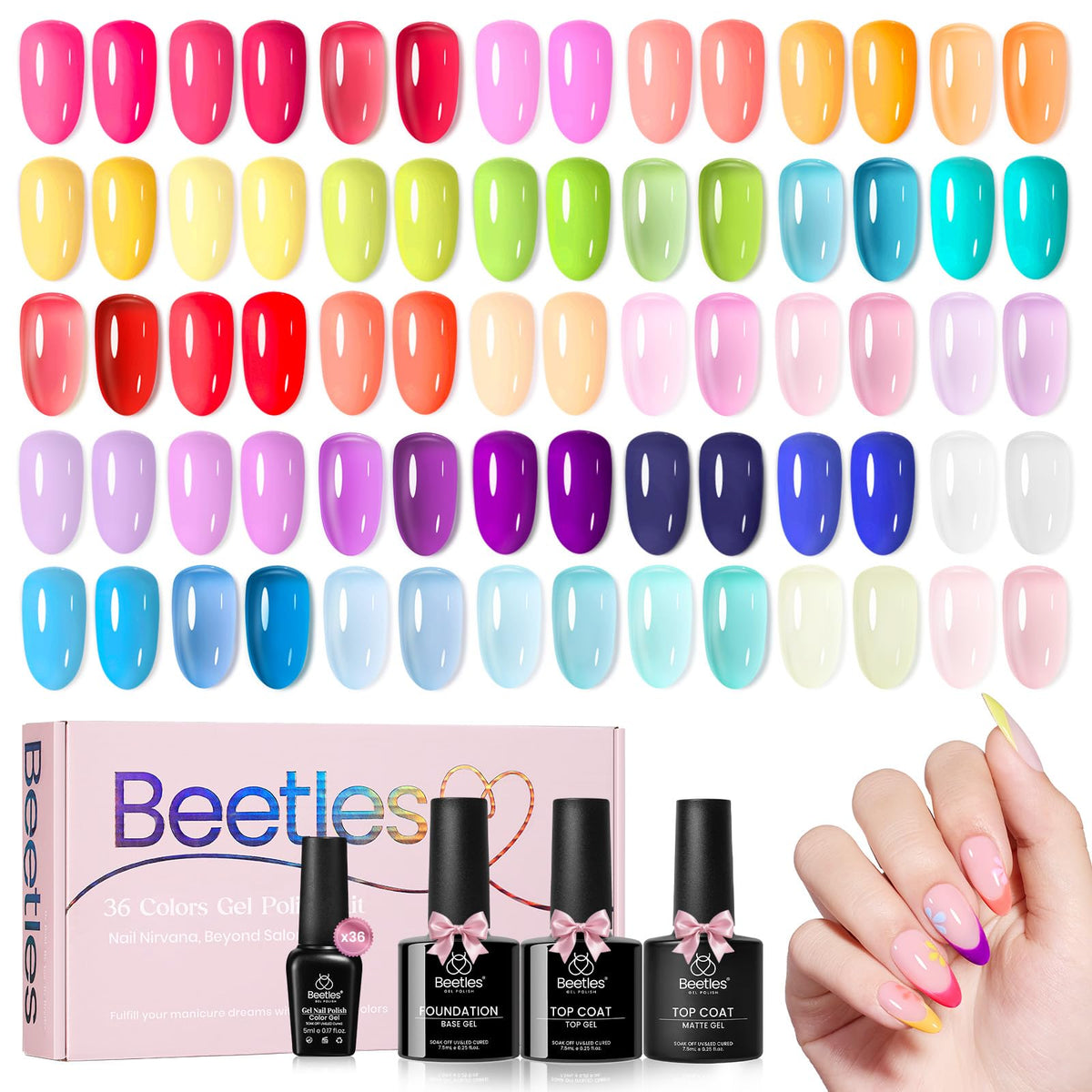 beetles gel polish front packaging showing 36 bottles and gift box benefit ready-to-gift